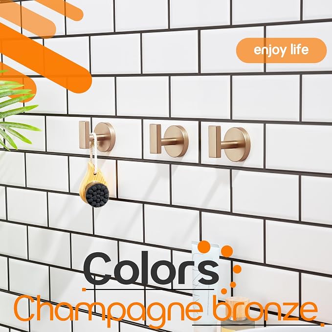 Bath Towel Hooks Wall Mount Robe Hook Stainless Steel Wall Hooks for Bathroom Kitchen Garage Door Hanger Champagne Bronze 3 Pack, AN1001CPG-P3