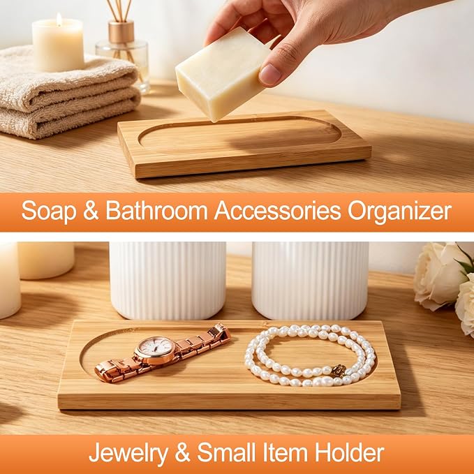 RETON 3 PCS Ceramic Bathroom Accessories Set with Natural Bamboo Tray-White | Included Hand Soap Dispenser, Toothbrush Cup and Bamboo Tray, Fits Bathroom Countertop, Bath Countertop Decor Organizer