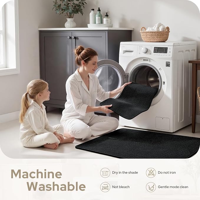 HOMEIDEAS Bathroom Rugs Set 2 Piece Thin Non Slip, Black 17"x24"+20"x32" | Quick Dry Absorbence Bath Mats, Soft Chenille, Low Profile Fits Under Doors, Ideal for Bathtub, Shower, Elderly and Pets