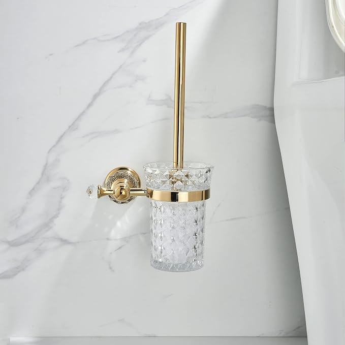 WOLIBEER Crystal Toilet Brush Holder, Polished Gold Brush Handle with Replaceable Brush Head, Stainless Steel Bathroom Cleaning Set Wall Mounted