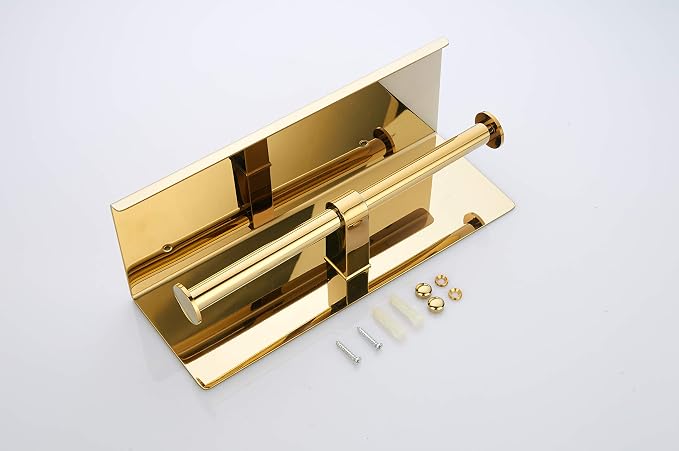BGL Double Toilet Paper Holder Stainless Steel 304 Wall Mounted Two Heads Roll Tissue Holder with Shelf (Gold)