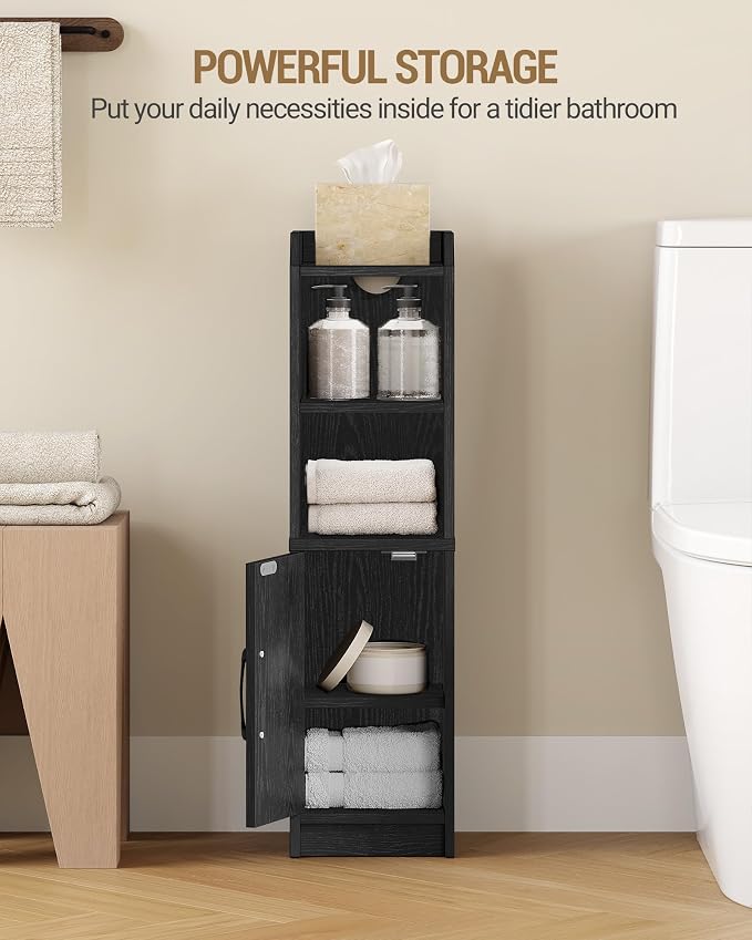 Hzuaneri Bathroom Storage Cabinet, Small Farmhouse Corner Floor Cabinet with Door and Shelves, Narrow Toilet Paper Holder Stand, Bathroom Organizer with Adjustable Shelf, for Small Spaces, Black