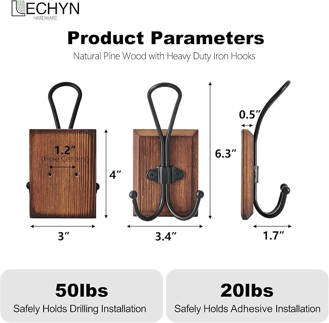 4 Pack Farmhouse Towel Hooks for Bathrooms, Heavy Duty Adhesive Mounted & Wall Mount Rustic Farmhouse Decorative Wood Wall Hooks for Hanging Towel Robe Coat (Brown)