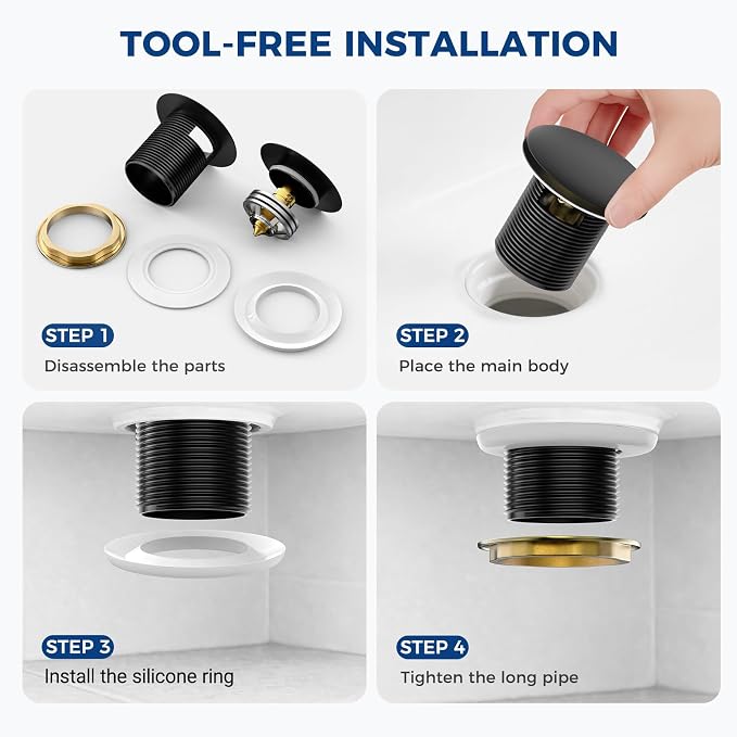 BOTEMY Solid Brass Pop-Up Drain with Overflow for Freestanding Tubs, Tool-Free Installation Bathtub Drain Stopper with Matte Black Finish, Universal Fit 1.8" Hole, Leak-Proof Heavy Duty（Matte Black