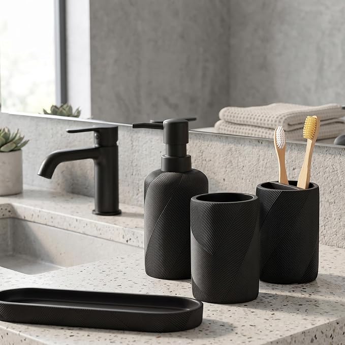 Bathroom Accessories Set, Bathroom Organizer Countertop, Matte Black, 4 PCS | Modern,Simple,Stripe, With 10OZ Soap Dispenser, Toothbrush Holder, Mouthwash Cup, Vanity Tray for Bathroom Home Hotel Office