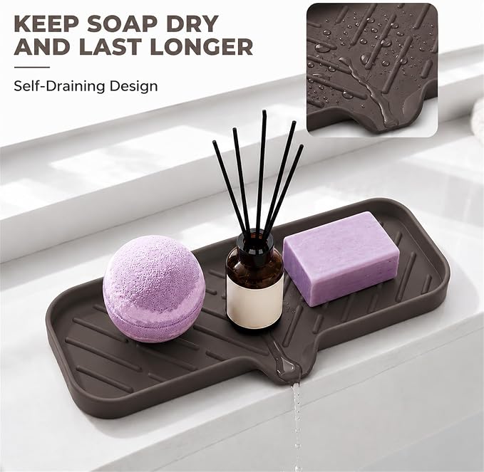MicoYang Silicone Soap Dish with Drain Spout — Self-Draining Double Sink Organizer Tray for Kitchen & Bathroom, Dispensers, Sponges & Soap Holder, Non-Slip & Dishwasher Safe, Coffee (Large, 12"×4")
