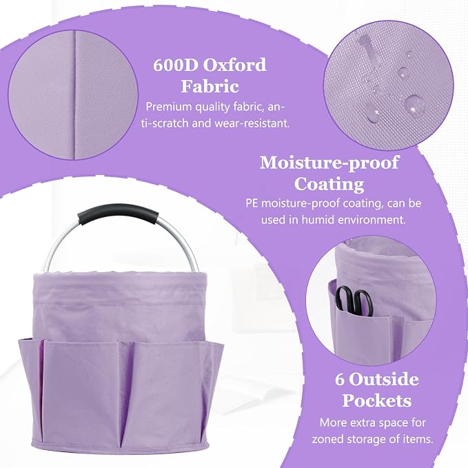 2PCS 17L Caddy Organizer with Handle, 600D Oxford Cloth Shower Caddy with 6 Pockets, Collapsible Cleaning Supplies Caddy, Storage Organizer for Cleaning, Traveling, Gardening, Purple