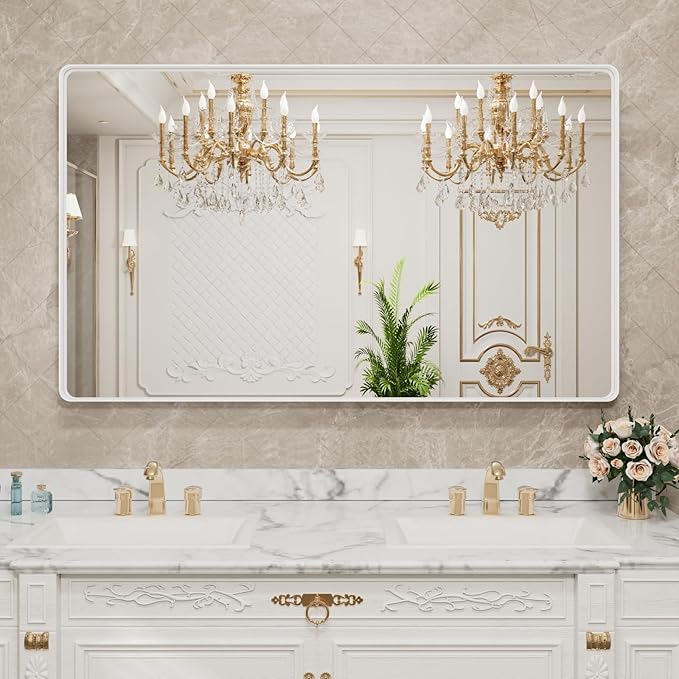 LOAAO 55x30 Inch White Metal Framed Bathroom Mirror | Rounded Rectangle Mirror, Anti-Rust, Tempered Glass, Hangs Horizontally or Vertically