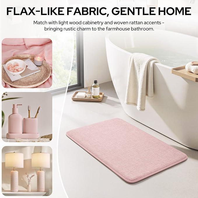 HOMEIDEAS Memory Foam Bathroom Rugs Set of 2, Pink 24"x17"+32"x20" | Ultra Absorbent Quick Dry Bath Mats with Non Slip PVC Backing, Machine Washable, Ideal for Bath Floor, Shower and Tub