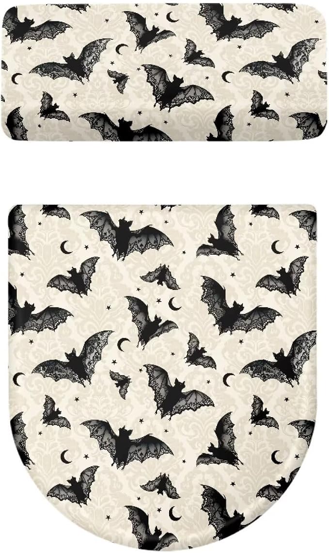 Bat Toilet Lid & Tank Covers for Bathroom, Gothic Toilet Lid Cover Round Non Slip Elongated, Set of 2, Halloween Party Decor