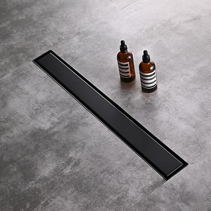 AVSIILE Linear Shower Floor Drain, Black 18 Inch 304 Stainless Steel Bathroom Drains Kit, Rectangular Shower Trench Drain with Reversable Tile-in Pattern Drain Cover & Hair Catcher