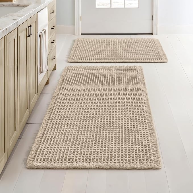 MIULEE Set of 2 Waffle Bathroom Rugs Pale Beige Bath Mat 17"x24"+18"x30" | Non Slip, Super Absorbent, Washable, Ultra Soft, Rubber Backed, Small Boho Bath Rugs for Bathroom Floor Tub Shower