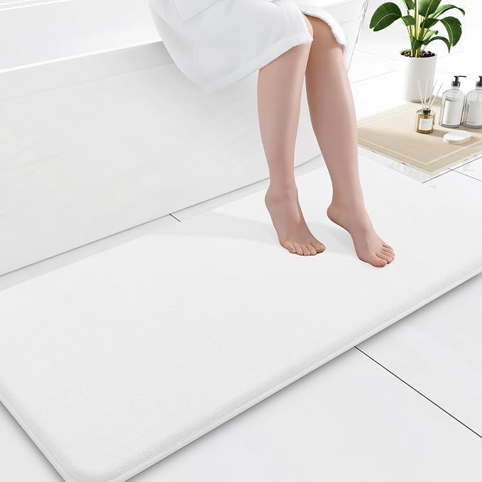 Smiry Memory Foam Bath Mat 47x17, Extra Soft and Absorbent Bathroom Rugs | White, Quick Dry Machine Washable Non-Slip Bath Mat for Bathroom Floor, Shower and Tub