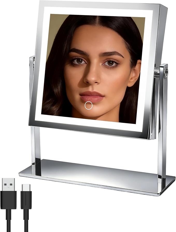 Ruacq Makeup Mirror with Lights, Dual Sided 1X/10X, Chrome | 8",4000mAh Rechargeable, Magnifying Mirror with 3 Color Lights,Touch Control Dimmable, 360° Rotation, Square, Gift for Women