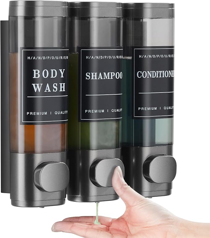 Shampoo and Conditioner Dispenser,Unisence Shower Dispenser 2 Chamber No Drill Wall-Mounted Shampoo Dispenser for Shower Wall Mounted Body Wash Dispenser for Bathroom Hotel Large Capacity,Dark Gray