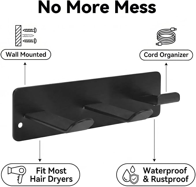 Hair Dryer Holder Wall Mount, Universal Hair Dryer Hanger for Bathroom/Bedroom/Barbershop, 304 Stainless Steel Organizer with 3M Adhesive, No Drilling Space Saver (Black)