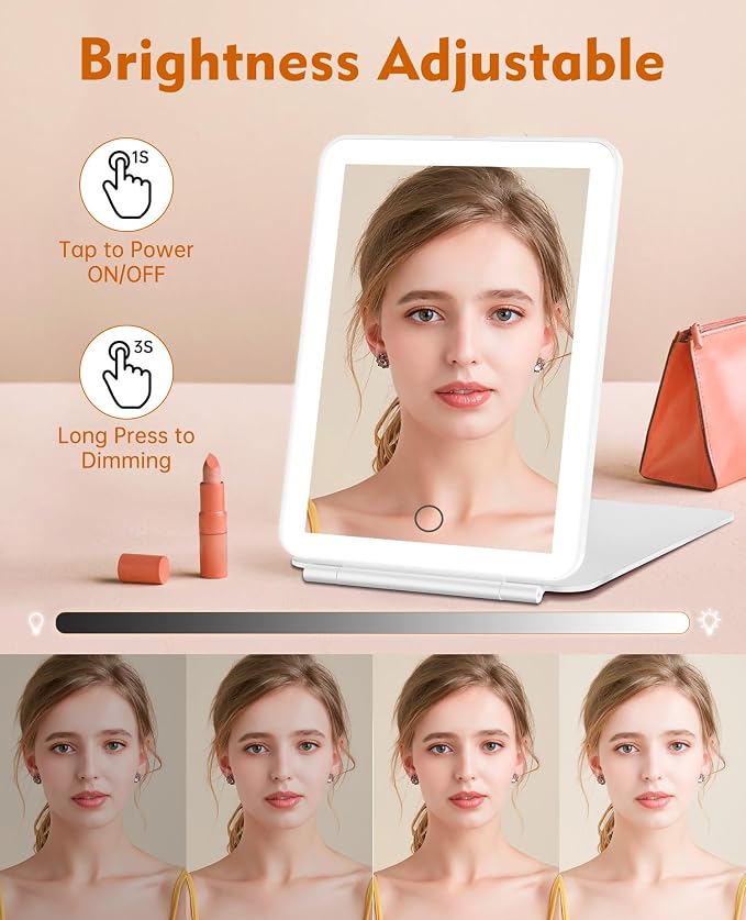 FUNTOUCH Rechargeable Travel Makeup Mirror with Lights 10X Magnifying | Portable Lighted Vanity Mirror with 80 Led,2000mAh Battery,3 Color Lighting,Touch Dimming,Tabletop Light up Mirror