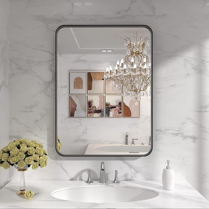 LOAAO 22X30 Inch Black Bathroom Mirror Metal Framed | Rounded Rectangle, Matte Black Bathroom Vanity Mirror, Anti-Rust, Hangs Horizontally or Vertically