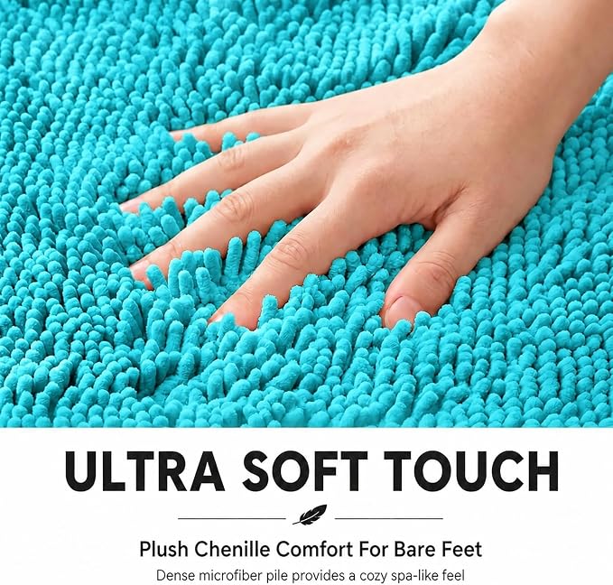 Bathroom Rugs Sets 2 Piece,Super Absorbent Soft,Thick,Machine Washable Chenille Bath Mat,Non Slip Toilet Floor Rug,Bath Mats for Bathroom,20x32 Plus 20x20 U Shape,Light Blue