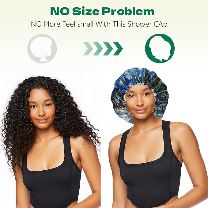 2 PCS Shower Cap Waterproof Double Layer Elastic Adjustable Reusable Hair Bath Caps for Girls Women Cute Aesthetic-Blue White