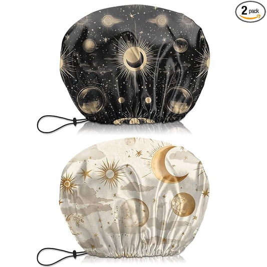 2 PCS Shower Cap Waterproof Double Layer Elastic Adjustable Reusable Hair Bath Caps for Girls Women Cute Aesthetic-Golden Black
