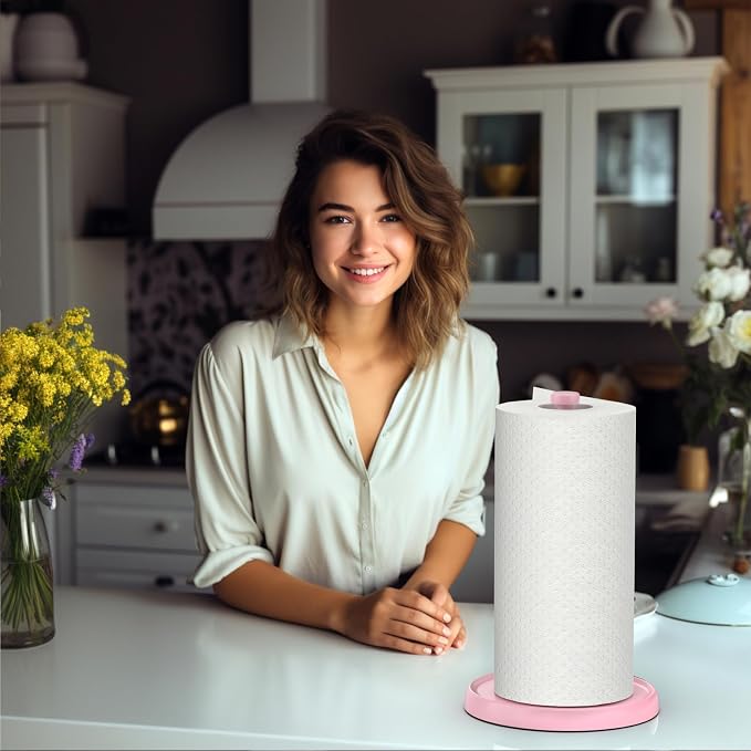 Pink Paper Towel Holder Countertop, Pink Kitchen Accessories Decor, Stainless Steel, Weighted Base, Paper Towel Roll Holder Stand with Ratchet Mechanism for Kitchen Bathroom Farmhouse Essentials