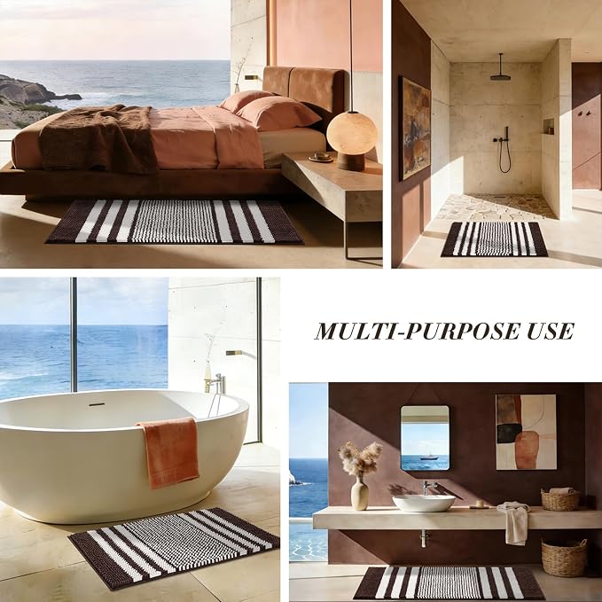 Large Bathroom Rugs Runner, 20x47 Chenille Bath Mats, Coffee | Extra Soft Absorbent, Non Slip Striped, Quick Dry Machine Washable, Modern, Shower Rug for Bathroom Bedroom Decor