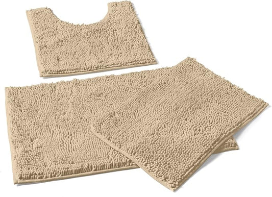 LuxUrux 3-Piece Bathroom Rug Set – Plush Chenille Bath Mats & U-Shaped Toilet Mat, Ultra-Soft, Absorbent & Non-Slip (20x20 U, 16x24 & 20x30 inches, Birch)