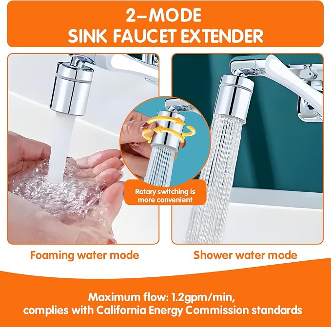 Premium Brass 1440° Swivel Faucet-Extender Sink Aerator,2 Mode Splash Filter with Adjustable Rotating Arm,Complete Installation Kit&Adapters Help Fit Bathroom&Kitchen Sink-Wash Hand/Hair/Face