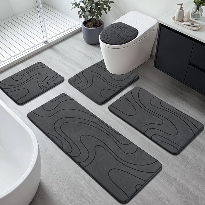 YIHOUSE Bathroom Rugs Sets 5 Piece - Thick Memory Foam Bath Mat, Dark Grey | Ultra Soft, Extra Thick, Super Absorbent, Non Slip, Machine Washable, For Bathroom Floor & Tub, 5 Pieces