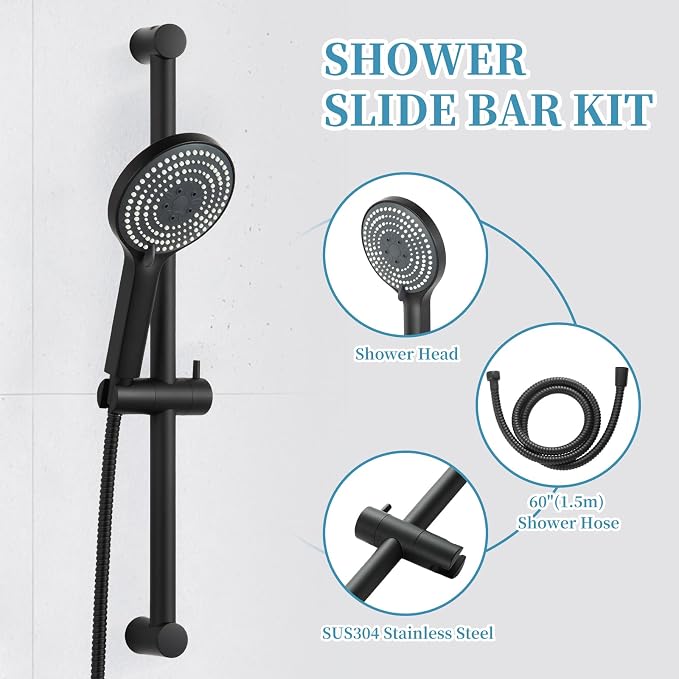 OFFO 6-Spray High Pressure Handheld Shower Head Combo with Adjustable 23 in Slide Bar and 60 in Stainless Steel Hose, Matte Black