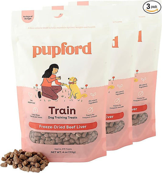 Pupford Freeze Dried Dog & Puppy Training Treats (Beef Liver, 4 oz, 3 Pack) | 1400+ treats, Ultra low-calorie, Only 3 ingredients, All breed sizes, Mess free and bite sized, Trainer recommended