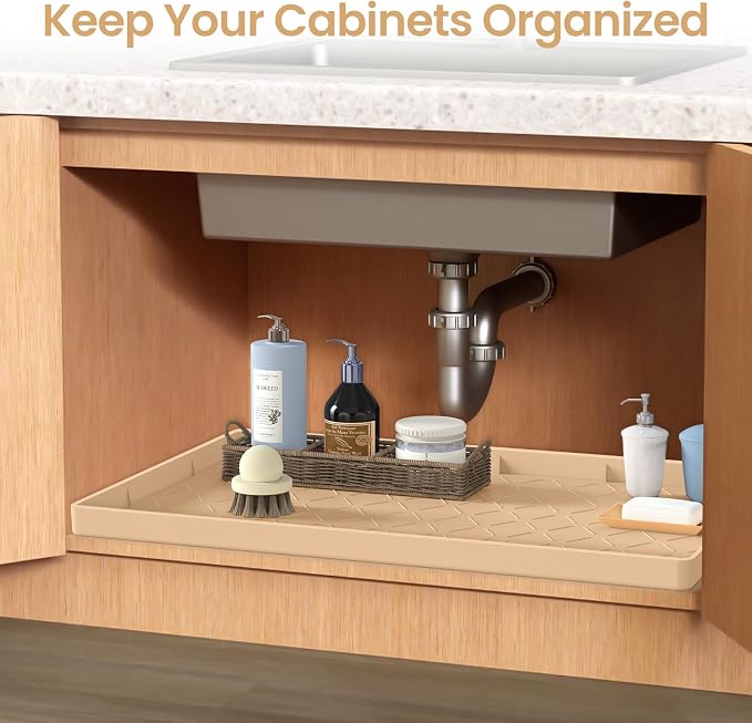 Mateeylife Under Sink Mats for Kitchen Waterproof 31"X22", Undersink Protectors，Silicone Mat Cabinet Liner, Under Sink Organizer for Bathroom and Kitchen，Boot Tray Pet Food Mat, Beige