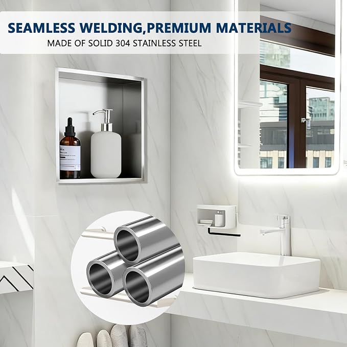 HOTIS Shower Niche No Tile Needed, Stainless Steel Bathroom Niche for Shower Wall, 12x12'' Inch Waterproof Wall Niches for Living Room,Bedroom Storagef