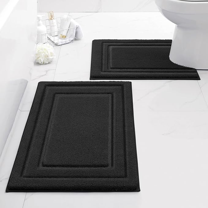 HOMEIDEAS Bathroom Rugs Sets 2 Piece, Super Soft and Absorbent Non Slip Microfiber U-Shaped Toilet Bath Mat Set (20"x32"+U20 x24, Black) | Super Soft and Absorbent Non Slip Microfiber Bath Rug，Machine Washable, for Bathroom, 20"x32"+U Shape 20"x24"