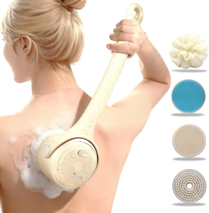 Electric Back Scrubber for Shower - Rechargeable Waterproof Body Exfoliator Brush with 4 Heads, Double Handles for Deep Cleaning & Skin Massag (Milk Coffee)