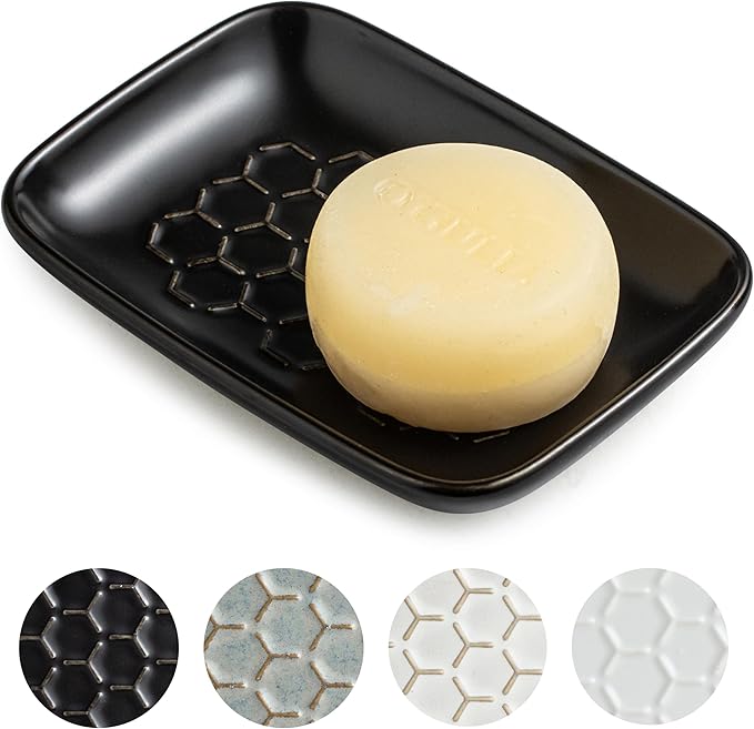 Gomakren Soap Dish for Shower, Ceramic Bar Soap Holder with Honeycomb Design - Father's Day Soap Saver Tray for Bathroom Kitchen Sink, Sponge & Organizer Tray, Upscale Look, 5.5 Inch, Black