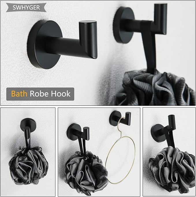 Towel Coat Hook Matte Black SUS304 Stainless Steel Bathroom Clothes Sponges Robe Hook Wall Mounted Round Kitchen Heavy Duty Hanger 2 Packs,96018-8MB.