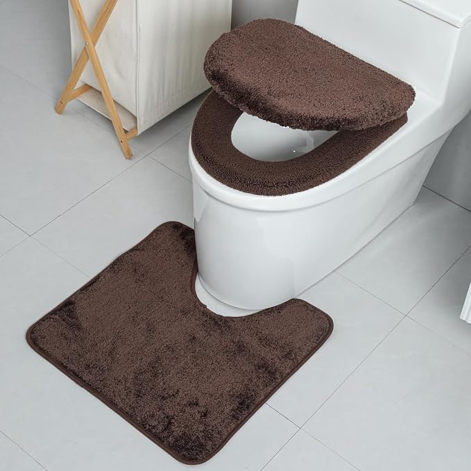 3piece Toilet Seat Cover Set - Toilet Seat Cover +Toilet Lid Cover + toilet rugs u shaped washable, Fits Most Elongated Round and Oblong Toilet,(Machine Washable,Quick-Dry) coffee