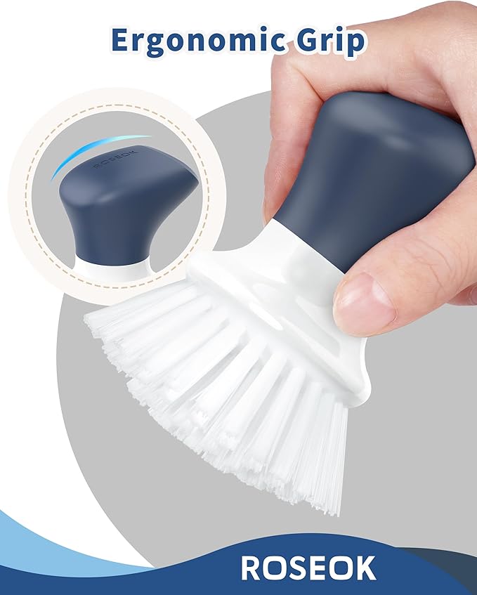 ROSEOK Dish Scrub Brush, Palm Brush, Kitchen Brush, Nylon Bristles | Self-Standing Dish Scrubber with Ergonomic Grip for Cleaning Dishes, Non-Stick Pans and Sinks, Navy Blue, 2 Pack
