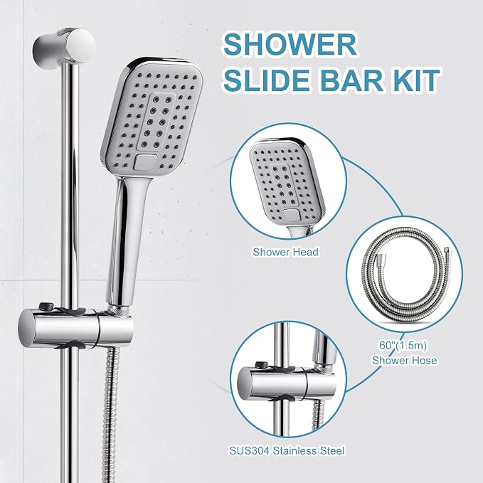 OFFO Shower Slide Bar Combo, Adjustable 27 in Slide Bar with 3-Mode Square Handheld Shower Head and 60 in Stainless Steel Hose, Screw Wall Mounted, Chrome Finish