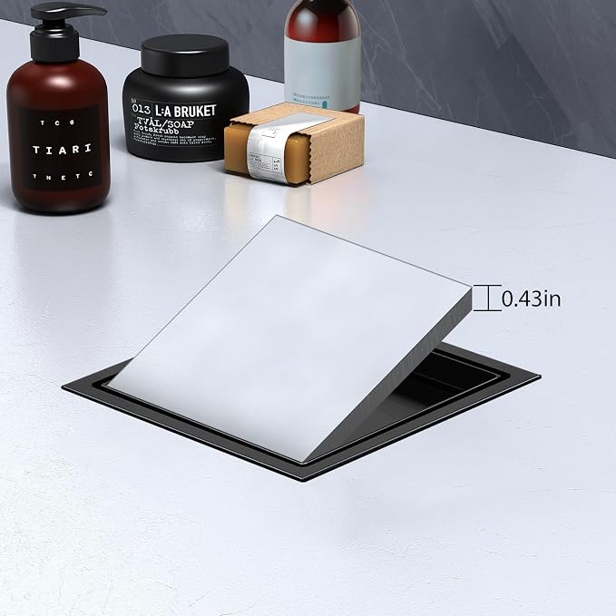 EXF Square Shower Drain 6 Inch Matte Black with Tile Insert Grate, Stainless Steel Shower Floor Drain with Flange, Hair Catcher