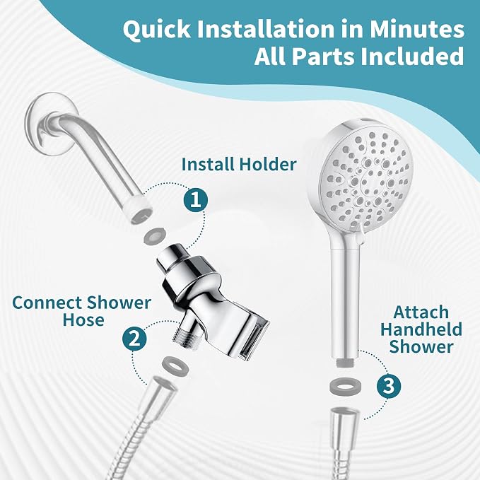 BRIGHT SHOWERS All Metal Handheld Shower Head Holder, Adjustable Shower Arm Mount with 360 Degree Rotatable Brass Ball Joint and Hose Connector, Universal Wall Hook Bracket, Chrome