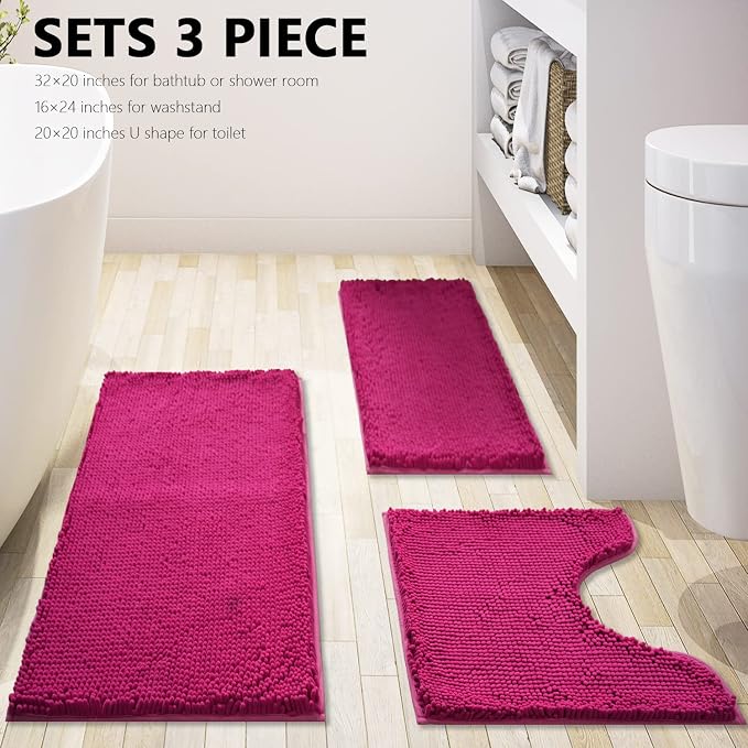 Bathroom Rugs Chenille 3-Piece Extra Soft and Absorbent Shag Bathroom Rugs, Machine Wash Mat, Strong PVC Non-Slip Underside, Plush Carpet Mats (Rose Red)