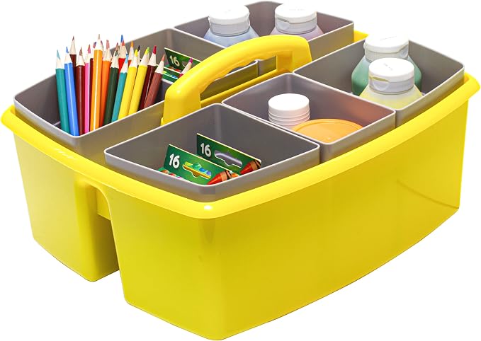 Storex Large Classroom Caddy with Cups, 13 x 11 x 6.575 Inches, Yellow, Case of 2 (00982U02C)