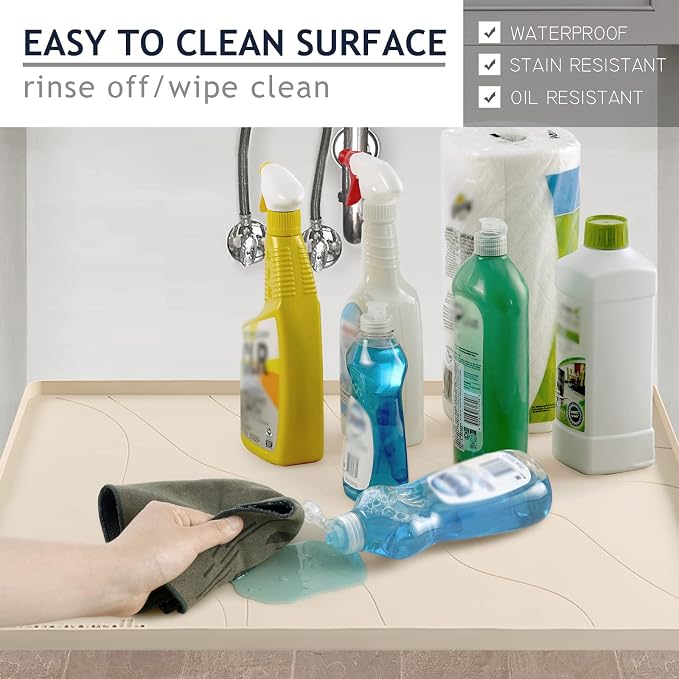 Heavy Duty Silicone Under Sink Mats for Kitchen Waterproof 40" x 19", Extra Thick Under Sink Rubber Mat Drip Tray, Raised Edge Under Sink Liner,Prevent Drips, Leaks, Spills,Beige