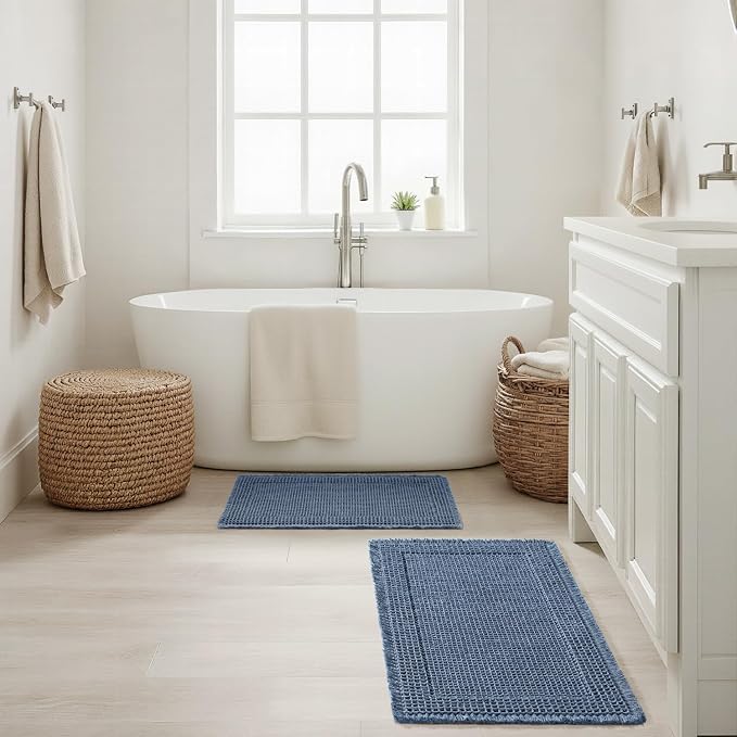 MIULEE Set of 2 Waffle Bathroom Rugs Bordered Bath Mat Blue 18x30 Inch | Non Slip, Super Absorbent, Washable, Ultra Soft, Rubber Backed Bath Rugs for Bathroom Floor Tub and Shower, Boho Decor