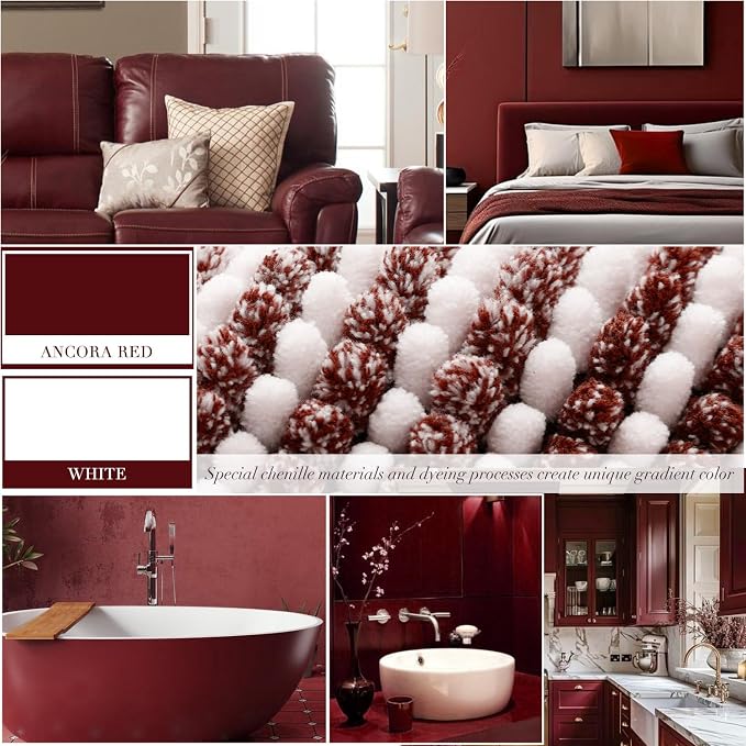 Bathroom Rugs Sets 2 Piece, Non Slip Striped Bath Mat, Burgundy Red | 20"x47" Plus 16"x24", Soft Absorbent Chenille, Quick Dry Machine Washable, Shower Rug for Bathroom Floor, Tub, Bedroom Decor