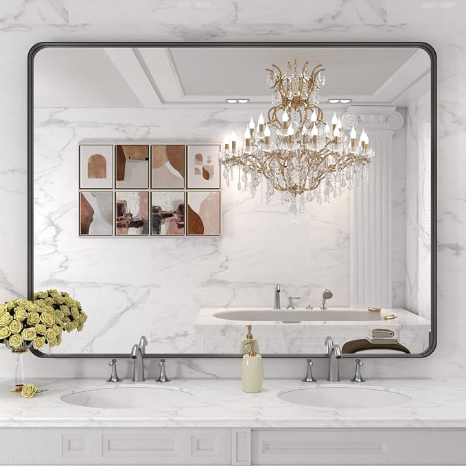 LOAAO 48x36 Inch Black Bathroom Mirror Metal Framed | Matte Black, Rounded Rectangle, Anti-Rust, Tempered Glass, Hangs Horizontally or Vertically