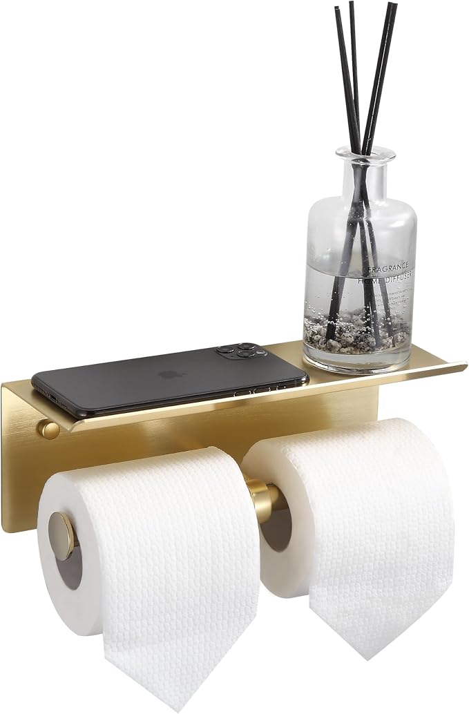 Brushed Gold Toilet Paper Roll Holder with Shelf Wall Mounted for Bathroom (Brushed Gold, Double Head)